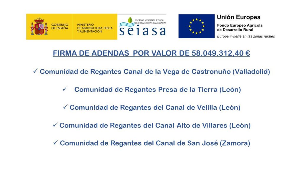 Acto de firma de Adendas entre SEIASA y 5 Comunidades de Regantes para proceder a la modernización de las infraestructuras de sus zonas regables.